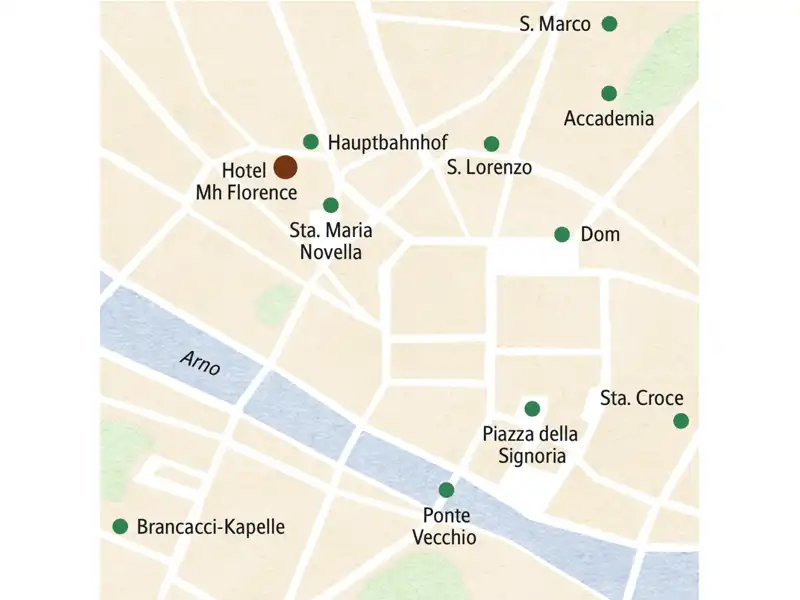 Der Stadtplan von Florenz zeigt neben der zentralen Lage unseres Hotels Mh Florence die wichtigsten Sehenswürdigkeiten, die auf dieser Klassik-Studienreise besucht werden: Sta. Maria Novella, Ponte Vecchio, Sta.Croce, Accademia, Brancaccikapelle u. a. m.