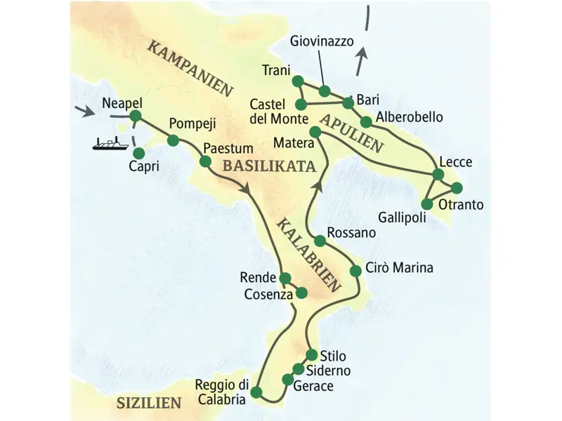 Unsere Reise nach Süditalien bringt uns nach Kampanien, Kalabrien, die Basilikata und Apulien. Wir besuchen u.a. Neapel, Matera, Lecce und Giovinazzo, Paestum, Ciro Marina, Bari und Otranto.