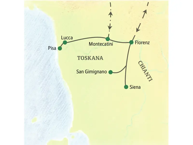 Diese achttägige Studienreise in die Toskana mit sieben Nächten in Montecatini Terme zeigt Ihnen die Höhepunkte der Region: Florenz, Siena, Lucca, Pisa, San Gimignano und Chianti.