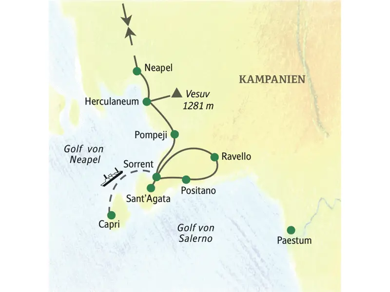 Neuntägige Studienreise mit einer Nacht in Neapel und einer Woche in Sorrent direkt an der Steilküste. Besucht werden Herculaneum und Pompeji, der Vesuv, Capri, Positano, Amalfi und Ravello, auf Wunsch auch Paestum.