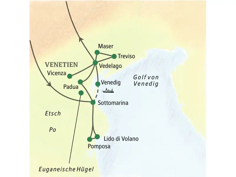 Auf unserer Studienreise durch Venetien machen wir Station in Vedelago und Sottomarina, erleben eine Bootsfahrt durch die Lagune und z. B. die Orte Padua, Podelta, Pomposa.