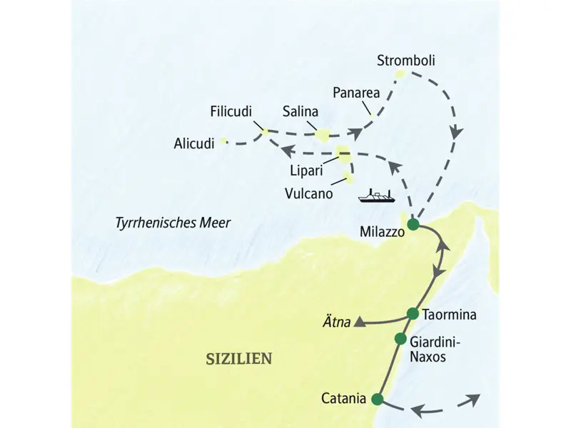 Auf dieser Studienreise lernen Sie alle sieben Äolischen Inseln kennen: Lipari, Stromboli, Vulcano, Salina, Alicudi und Filicudi, plus den Ätna auf Sizilien.