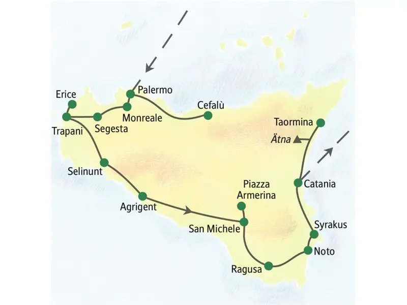 Unsere Reiseroute auf Sizilien beginnt in Palermo (mit Tagesausausflug nach Cefalù). Weitere Stationen sind Trapani, Selinunt, Agrigent, San Michele, Syrakus und Taormina.