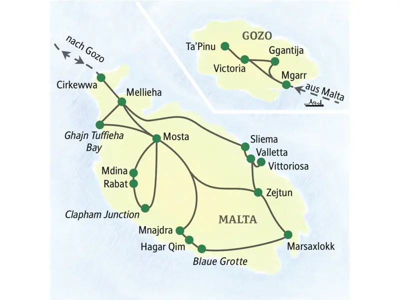 Die Gäste dieser Studienreise nach Malta und Gozo besuchen die Höhepunkte der beiden Inseln mit Valletta, Mdina, Rabat und Victoria.