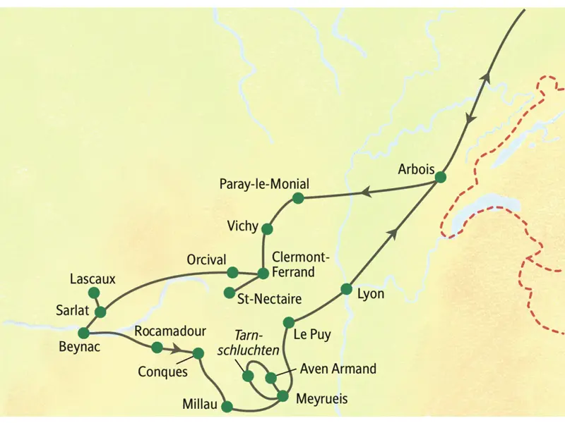 Während unserer Busreise in die Auvergne und in die Feinschmeckerregion des Périgord besuchen wir spektakuläre Landschaften wie den Puy de Dome, grandiose Höhlen wie Lascaux II oder Aven Armand und pittoreske Städte wie Sarlat und Rocamadour.