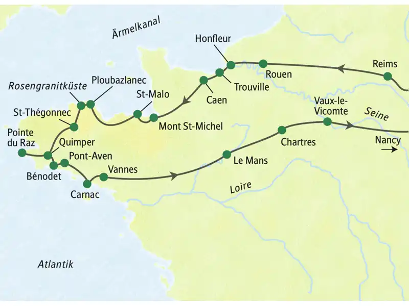 Die Reiseroute der Studienreise in die Normandie und in die Bretagne führt u.a. über Reims, Honfleur, St-Malo, Pointe du Raz, Carnac,Vannes und Chartres nach Nancy.