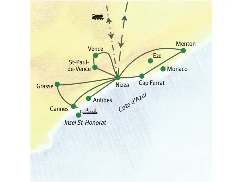 Auf unserer Studienreise an die Cote d'Azur starten wir von Nizza aus u.a. zu Ausflügen zum Cap Ferrat, nach Menton, Vence und Cannes sowie zur Insel St-Honorat. Auf Wunsch auch nach Monaco.