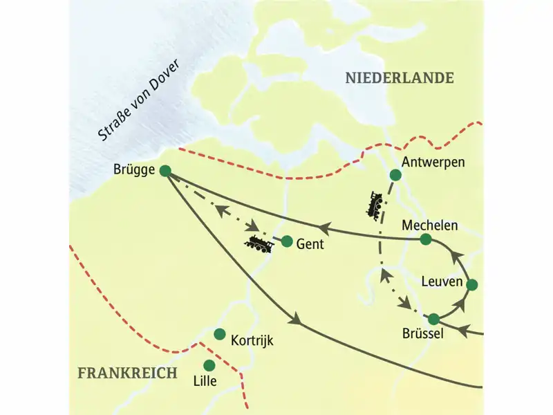 Auf der Klassik-Studienreise nach Flandern haben wir die beiden Standorte Brüssel und Brügge für Sie ausgewählt. So erreichen wir die Kunststädte Flanderns schnell und bequem. Wo möglich sind wir dabei staufrei und umweltfreundlich per Bahn unterwegs.