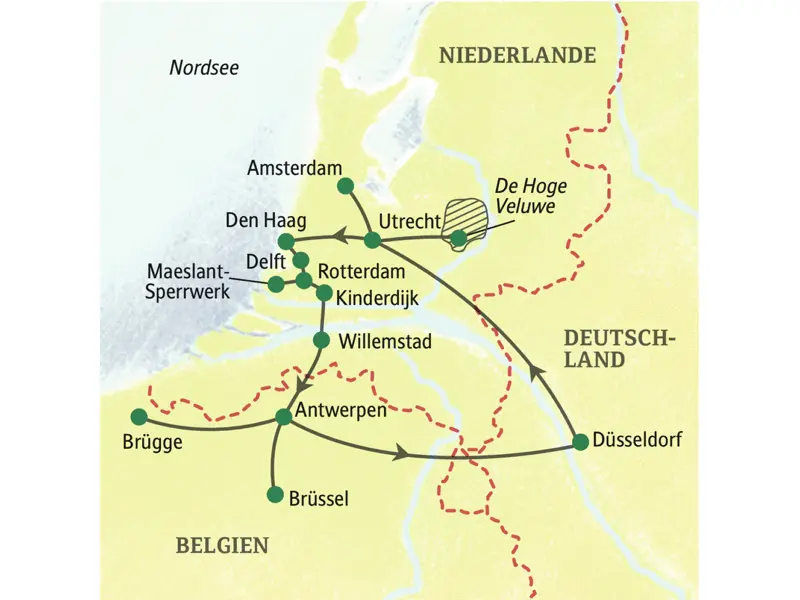 Auf dieser Studienreise entdecken Sie in zehn Tagen die Höhepunkte der Niederlande und Belgiens, darunter die Metropolen Amsterdam und Brüssel sowie die Kunststädte Delft, Brügge und Antwerpen. Dazu Architektur-Highlights in Rotterdam, ein Ausflug ans Meer sowie zu den Windmühlen von Kinderdijk.