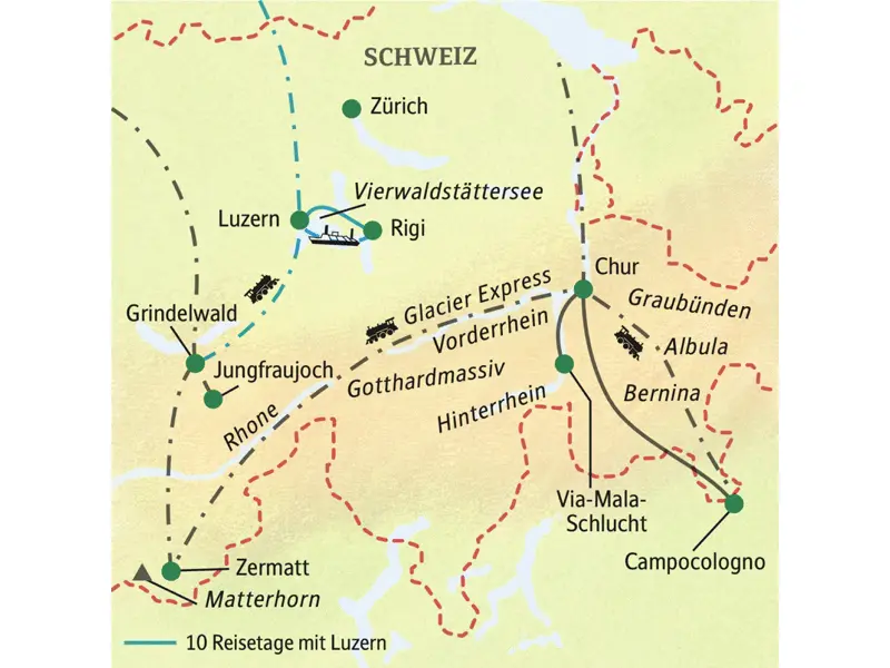 Die Reiseroute dieser Studienreise führt durch die Schweizer Berge - mit dem Glacier Express und der Berninabahn. Im Programm: Matterhorn, Jungfraujoch und Interlaken, Luzern und Vierwaldstätter See und die Via-Mala-Schlucht.