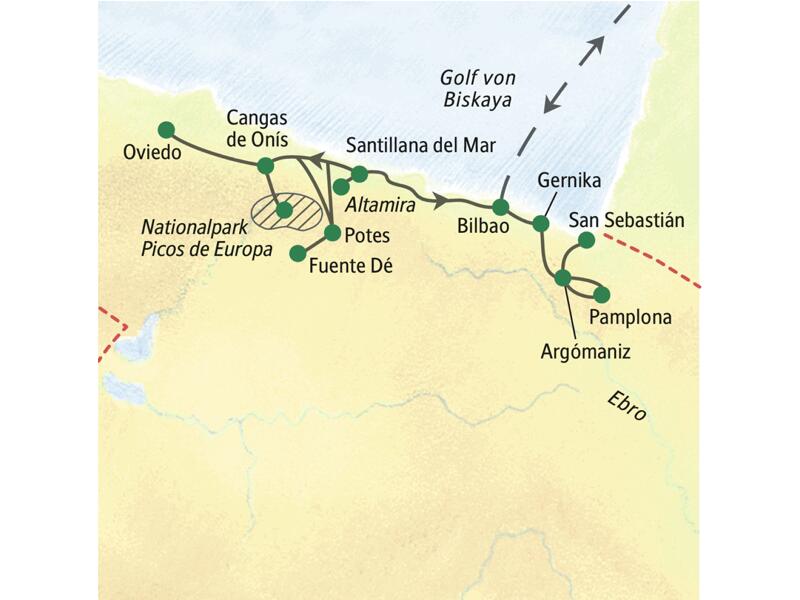 Wichtigste Stationen dieser Studienreise durch Nordspanien: Bilbao, Oviedo, Picos de Europa, Altamira, San Sebastián und Pamplona.