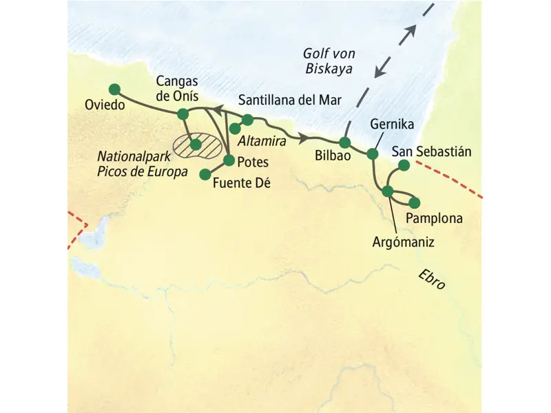 Wichtigste Stationen dieser Studienreise durch Nordspanien: Bilbao, Oviedo, Picos de Europa, Altamira, San Sebastián und Pamplona.