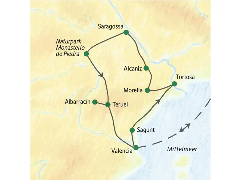 Wir entdecken auf unserer Studienreise durch Spaniens Levante u. a. die Metropole Valencia, Sagunt, Tortosa, Saragossa und den Naturpark Monasterio de Piedra.
