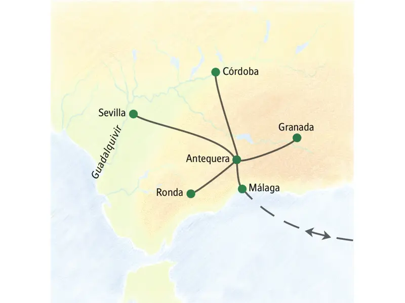 Unsere achttägige Studienreise nach Andalusien führt uns auf Tagesausflügen von Antequera nach Sevilla, Córdoba, Ronda und Granada.