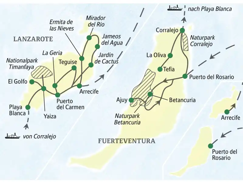 Auf dieser Studiosus-Reise erleben Sie die Natur der beiden kanarischen Inseln Fuerteventura und Lanzarote in all ihren Facetten, u.a. mit dem Naturpark Corralejo und dem Nationalpark Timanfaya.