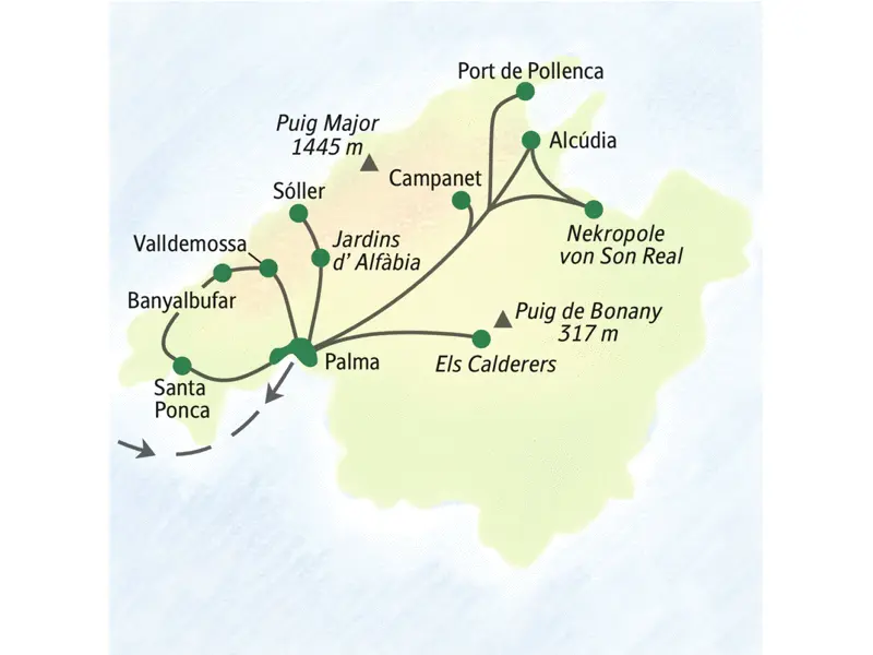 Wichtigste Stationen dieser Studienreise zum Wandern auf Mallorca: Santa Ponca, Alcúdia, Palma, Sóller und Valldemossa.