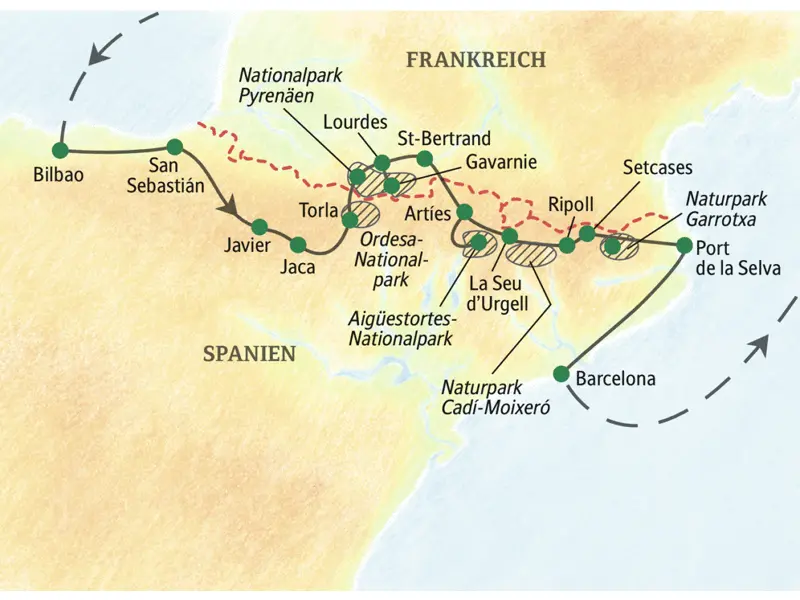 Die Reiseroute unserer Wanderreise durch die Pyrenäen beginnt in Bilbao und führt über San Sebastián, Javier und Torla nach Lourdes in Frankreich und wieder zurück nach Spanien über Artiés, La Seu d' Urgell und Setcases nach Port de la Selva am Mittelmeer.