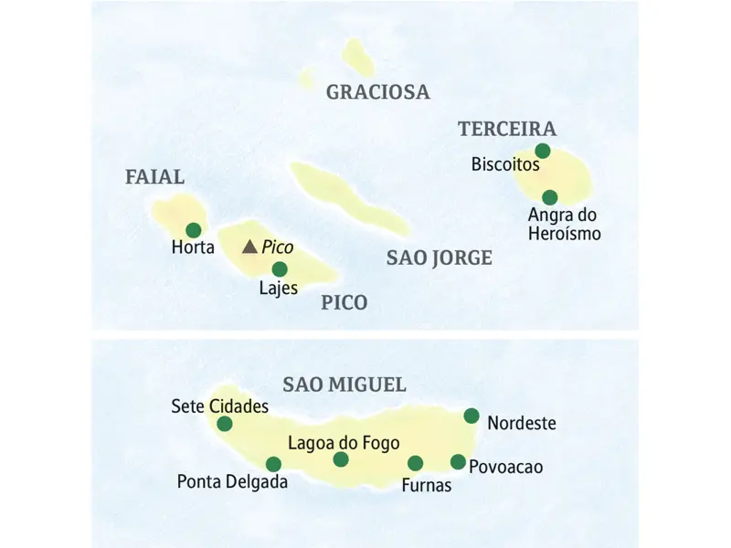 Die Karte zeigt den Verlauf unserer Naturerlebnis-Studienreise zu den Azoren: Sao Miguel, Ponta Delgada, Lagoa do Fogo, Furnas, Faial, Horta, Terceira, Biscoitos, Angra do Heroismo.