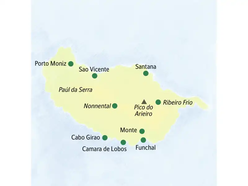 Die Karte zeigt Orte die auf unserer Studienreise mit Muße nach Madeira besucht werden: Funchal, Camaras de Lobos, Cabo Girao, Monte, Porto Moniz, Sao Vicente, Santana, Ribeiro Frio.