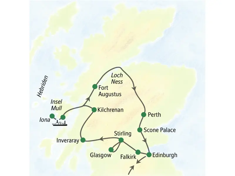 Unsere Reiseroute durch Schottland startet in Edinburgh und führt über Glasgow, Inveraray, Fort Augustus, Perth und Scone Palace zurück zu unserem Ausgangspunkt. Wir besuchen auch die Inseln Mull und Iona.