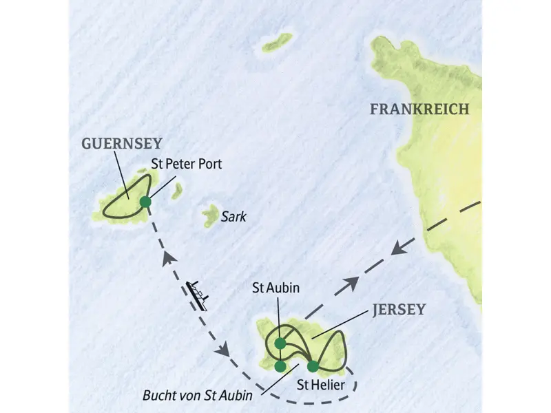 Bei der achttägigen Studienreise auf die Kanalinseln übernachten Sie  auf Jersey in der Nähe von St Aubin. Bei einem Ausflug können Sie  Guernsey erkunden. Optional zubuchbar: ein Ausflug nach Sark.