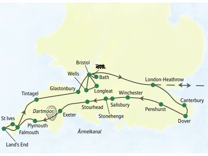 Unsere Studienreise durch Südengland umfasst Besuche von  Canterbury und Dover sowie Winchester, Salisbury, Stonehenge, Cornwall (unter anderem Tintagel, St Ivest) und Somerset mit Wells und Bath.