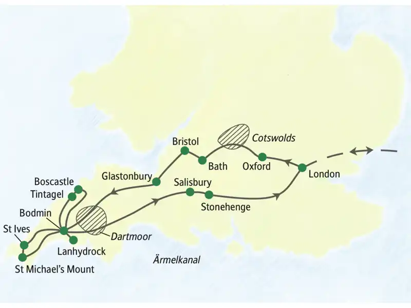 Reiseroute der Studienreise Südengland im Überblick mit Oxford, Cotswolds, Bath, Salisbury und Stonehenge. Dazu Cornwall mit Tintagel, Lanhydrock und St Ives