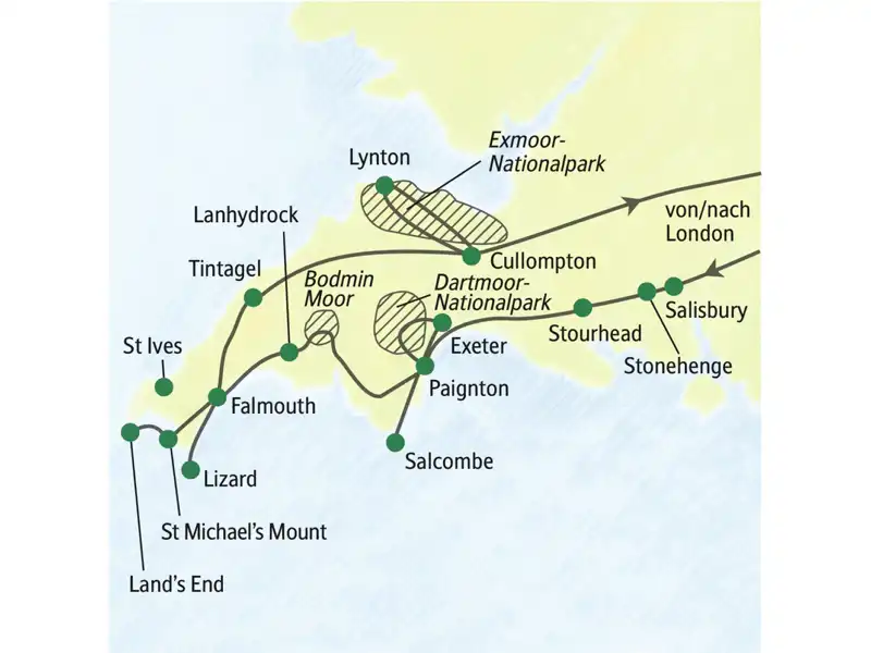 Die Karte zeigt den Verlauf unserer Wanderreise nach Südengland über Salisbury, Stonehenge, Stourhead, Exeter, Teignmouth, Torquay, Salcombe, Lanhydrock, Falmouth, Lizard, St Michael's Mount, Land's End, St Ives, Plymouth, Tintagel, Bristol und Bath.