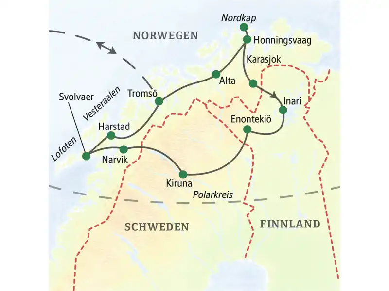 Auf unserer Lappland-Studienreise fahren wir in Norwegen oberhalb des Polarkreises von Bodö nach Kirkenes und machen einen Abstecher nach Finnland.