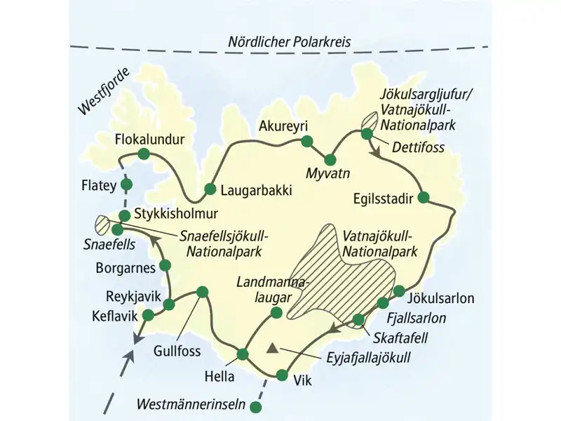 Unsere Reiseroute durch Island startet in Keflavik, führt in den Norden bis Akureyri und u. a. über Egisstadir, den Vatnajökull-Nationalpark, Skaftafell, Hella zurück nach Keflavik.