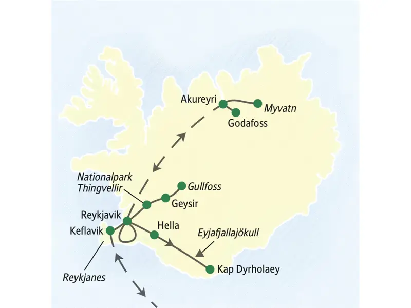 Die Stationen unserer Studienreise nach Island. Eine stimmungsvolle Nordlichtsafari durch die zauberhafte Landschafts Islands.