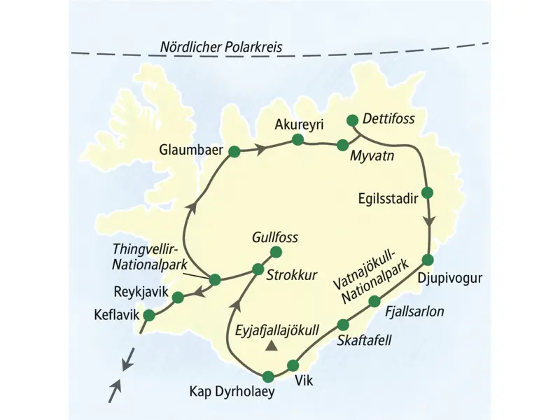 Karte von Island mit eingezeichnetem Verlauf der Studiosus Preiswert-Reise Island - unter dem Polarkreis