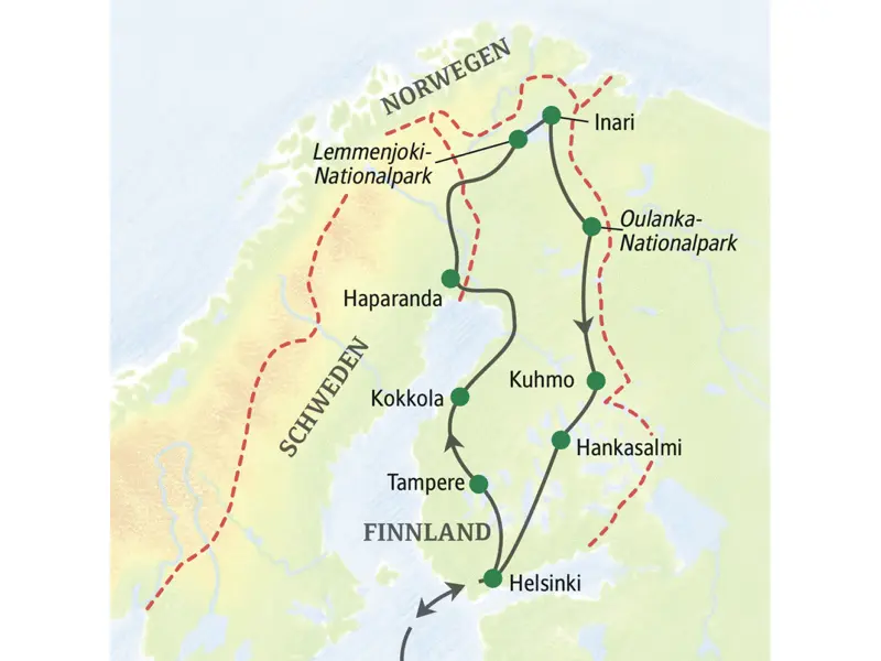 Auf unserer 15- bzw. 18-tägigen Studienreise Finnland - Herbstlaubfärbung im Norden reisen die Gäste von Finnland über den Polarkreis bis nach Inari.