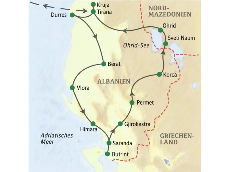 Die Reiseroute unserer zehntägigen Studienreise durch Albanien führt ab/bis Tirana durch das gesamte Land mit einem Abstecher nach Nordmazedonien.