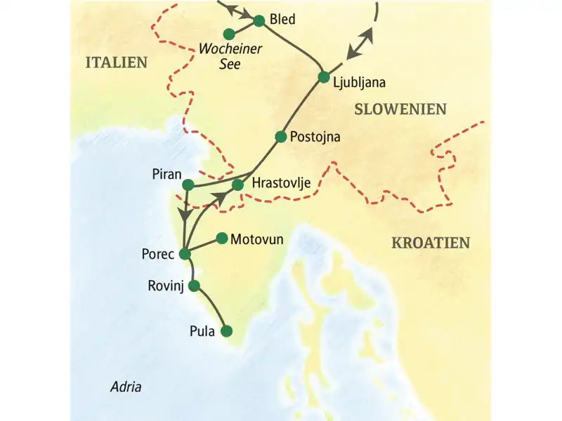 Höhepunkte der neuntägigen Studienreise Slowenien-Istrien mit Muße sind der Bleder See, Ljubljana, Porec, Pula, Rovinj und die Höhlen von Postojna.