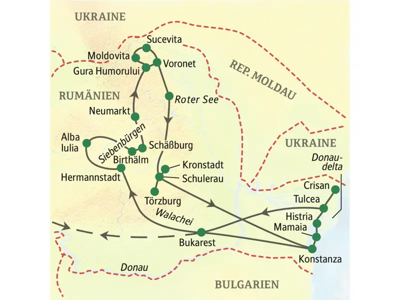 Unsere Studienreise nach Rumänien startet in Bukarest und führt über Hermannstadt, Schäßburg, Gura Humorului, Kronstadt, Eforie zurück nach Bukarest.