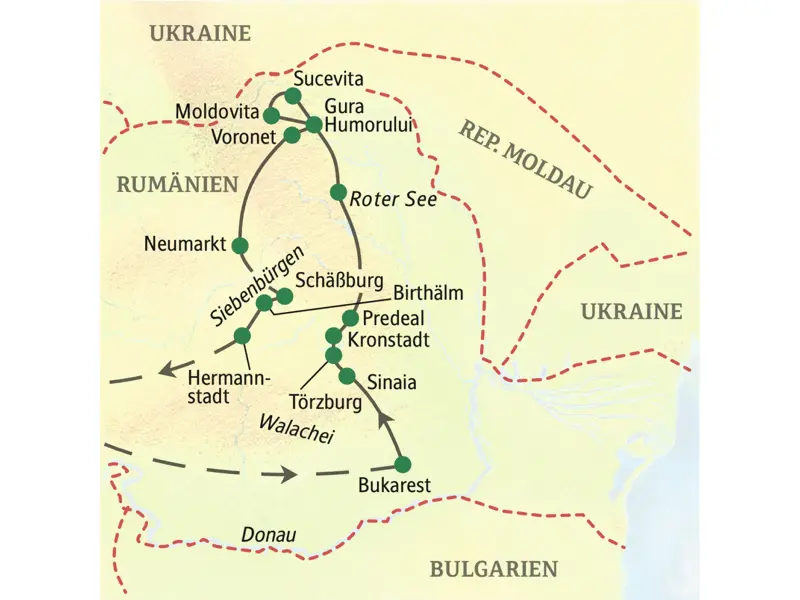 Die Route der Wander-Studienreise nach Rumänien führt nach Bukarest, Sinaia, Törzburg, Kronstadt, Predeal, zum Roten See, nach Gura Humorului, Sucevita, Moldovita, Voronet, Neumarkt, Schäßburg, Birthälm  und Hermannstadt.