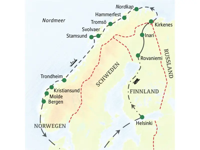 Die Route dieser Studiosus-Reise führt von Helsinki durch Lappland nach Kirkenes und dann an Bord eines Postschiffs an der norwegischen Küste entlang nach Bergen.