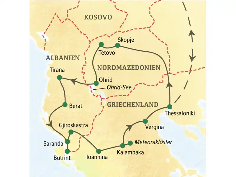 Unsere Rundreise zwischen Ägäis und Adria durch Albanien und Nordgriechenland beginnt in Thessaloniki, führt u.a. über Skopje, Ohrid, Berat Butrint und die Meteoraklöster zurück nach Thessaloniki.