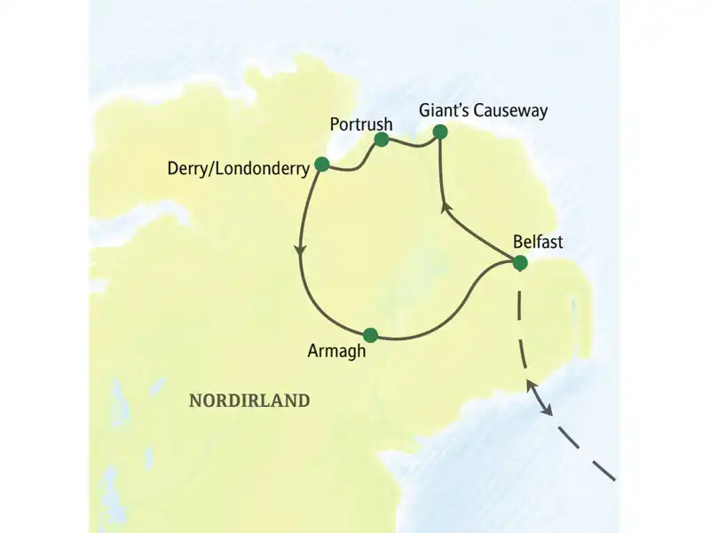 Die Karte zeigt den VErlauf unserer Nordirlandrundreise zum Kennenlernen: Belfast, Armagh, Portrush, Derry/Londonderry.