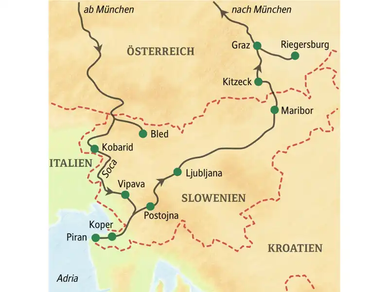 Unsere Reise druch Slowenien und die Steiermark führt über BLed und Kobarid in den Julischen Aplen an die Adria nach Piran, über Postojna, Ljubljana und Kitzeck nach Graz, und schließlich in die Vulkanregion um die Riegersburg.