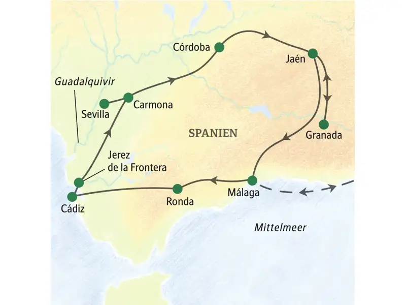 Reiseverlauf der Andalusien Rundreise.