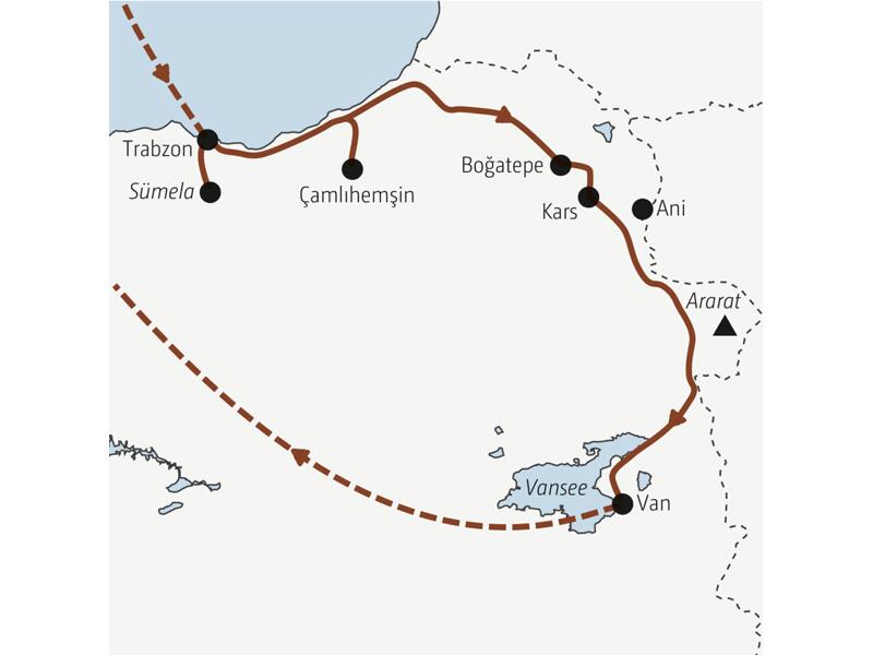 Reiseverlauf der Marco Polo Entdeckerreise durch die Nordosttürkei.