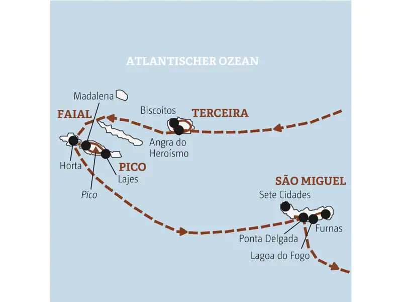 Reiseverlauf der Azoren - Portugal Entdeckerreise.