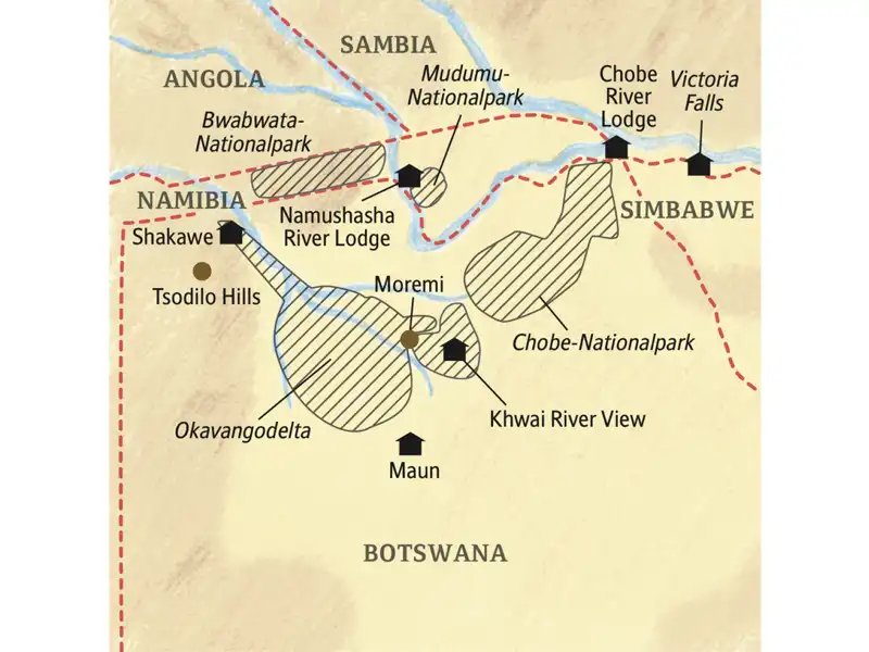 Zwei Wochen lang erkunden Sie mit Ihrem Studiosus-Reiseleiter und in kleiner Gruppe die Naturschönheiten Botswanas und Namibias, auf Safari zu Lande und zu Wasser in den Wildreservaten am Okavango und Chobe.