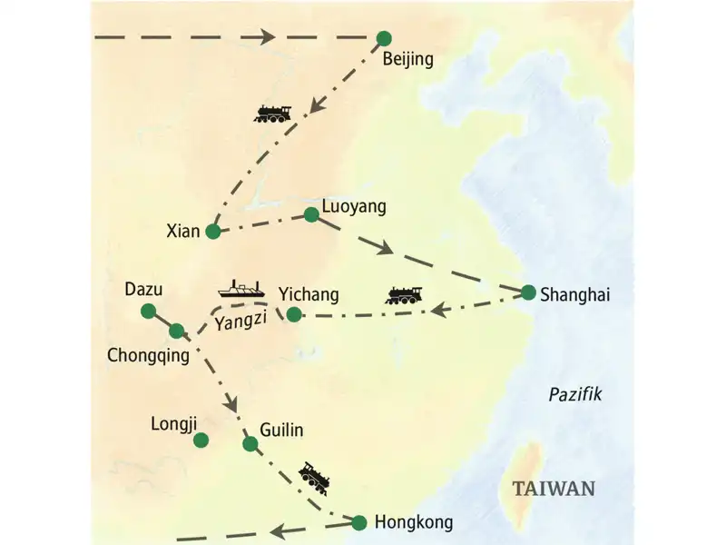 Bei der umfassenden China-Reise mit Yangzi von Studiosus kommen Sie unter anderem nach  Beijing, Xian, Luoyang, Shanghai, Yichang, Chongqing, Guilin, Shenzen und Hongkong.