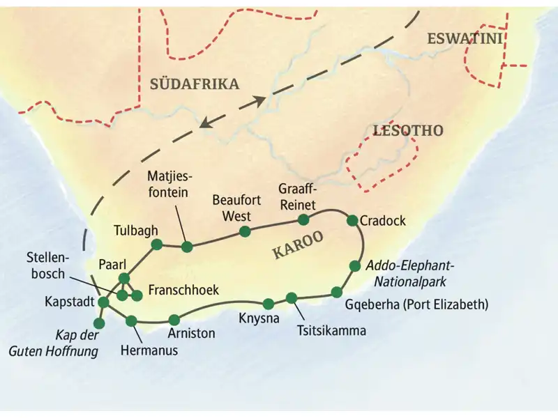 Unsere Rundreise durch Südafrika startet in Kapstadt und führt über Paarl, Beaufort West, Graaf-Reinet, Cradock, Knysna und Arniston zurück nach Kapstadt. Auch den Addo-Elephant-Nationalpark erleben wir auf dieser Studienreise.