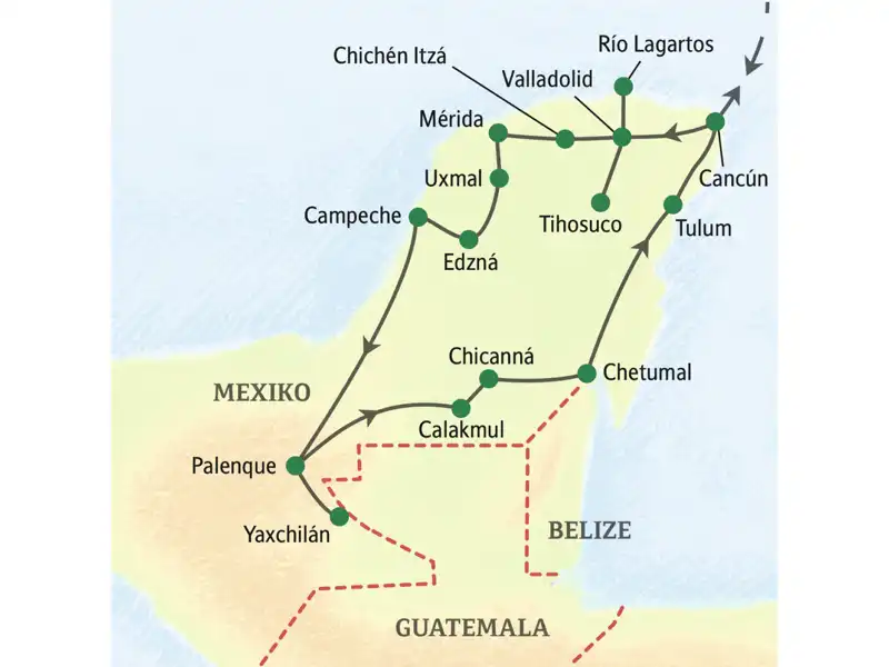 Unsere Reiseroute durch Mexiko startet in Cancún und führt über Chichén Itzá, Uxmal, Campeche, Palenque, Calakmul und Chetumal zurück zu unserem Ausgangspunkt. Auf Ausflügen erleben Sie auch authentische Mayakultur in Tihosuco, entdecken Yaxchilán und unternehmen Bootsfahrten im Biosphärenreservat Ría Lagartos und auf der Lagune von Bacalar.