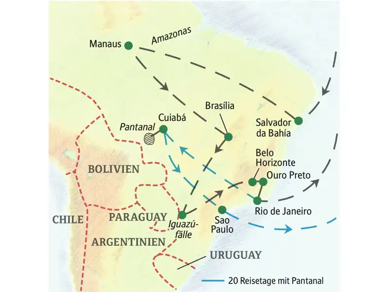 Die Reiseroute unserer Brasilien-Studienreise durch das Wunderland am Zuckerhut startet in Salvador da Bahía und führt über Manaus und den Amazonas, Brasília, die Iguazú-Fälle, Belo Horizonte und Ouro Preto bis nach Rio de Janeiro. Und wer möchte, verlängert im Pantanal.