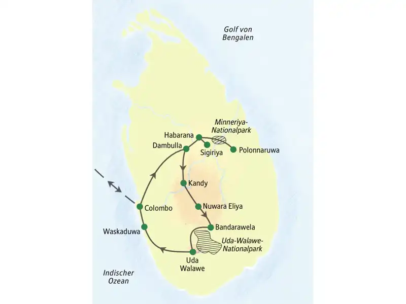 Zwischen Küste, Hochland und Dschungel verläuft die Reiseroute unserer neuntägigen Familienreise nach Sri Lanka.